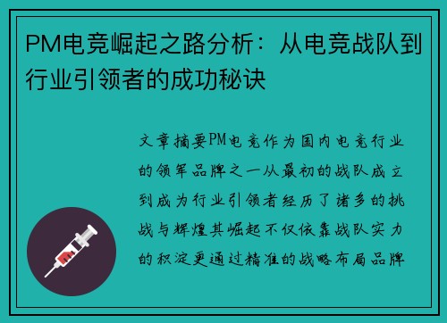 PM电竞崛起之路分析：从电竞战队到行业引领者的成功秘诀